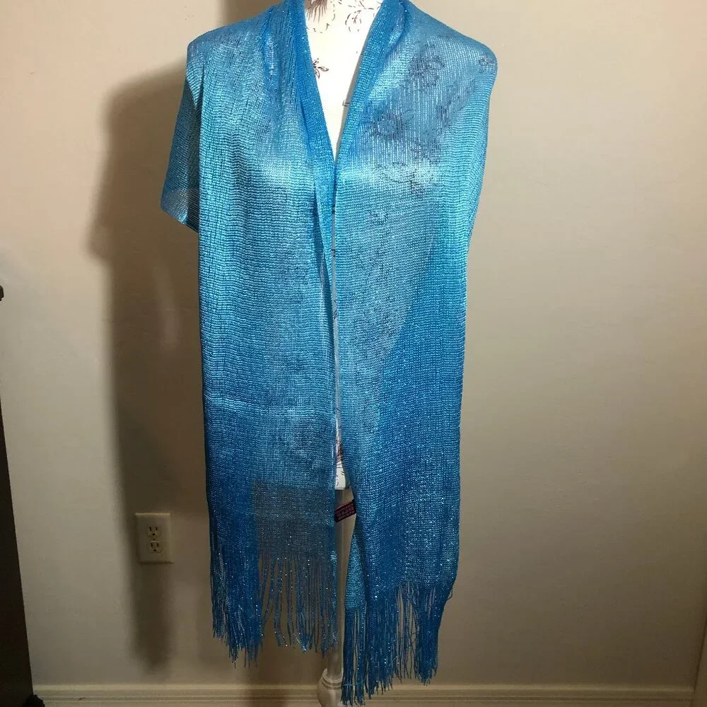 Kimberly C. Metallic Blue Fringe Scarf – Statement Evening Wrap